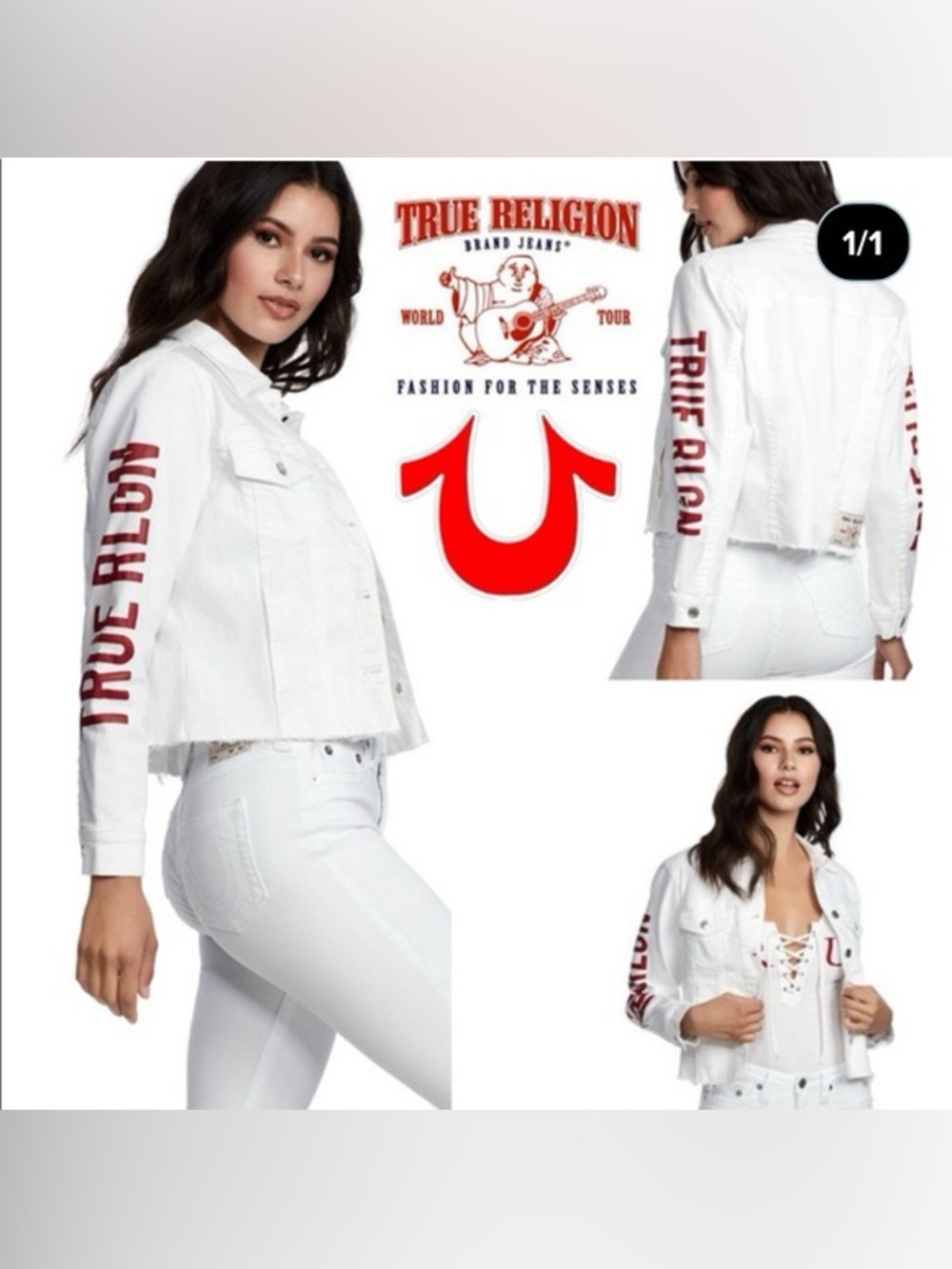 True Religion White Denim Jacket with Red Sleeve Logo